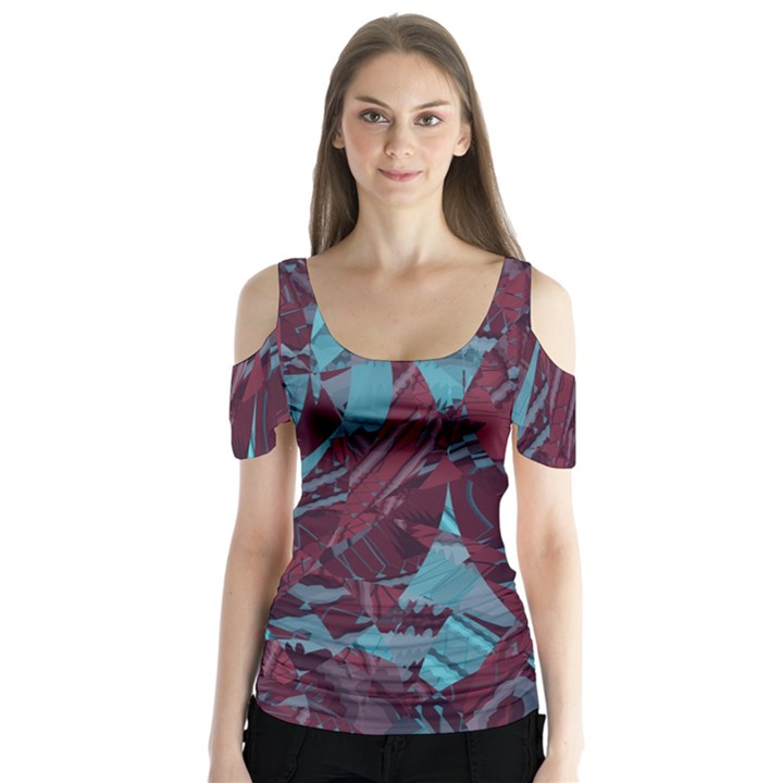 Boho Teal Wine Mosaic Butterfly Sleeve Cutout Tee 