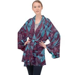 Boho Teal Wine Mosaic Long Sleeve Velvet Kimono  by SpinnyChairDesigns