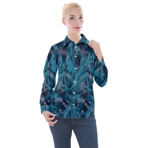 Boho Cerulean Blue Mosaic Women s Long Sleeve Pocket Shirt by SpinnyChairDesigns