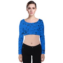 Cornflower Blue Music Notes Velvet Long Sleeve Crop Top by SpinnyChairDesigns