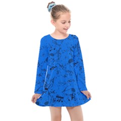 Cornflower Blue Music Notes Kids  Long Sleeve Dress by SpinnyChairDesigns