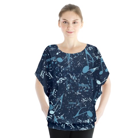 Prussian Blue Music Notes Batwing Chiffon Blouse by SpinnyChairDesigns