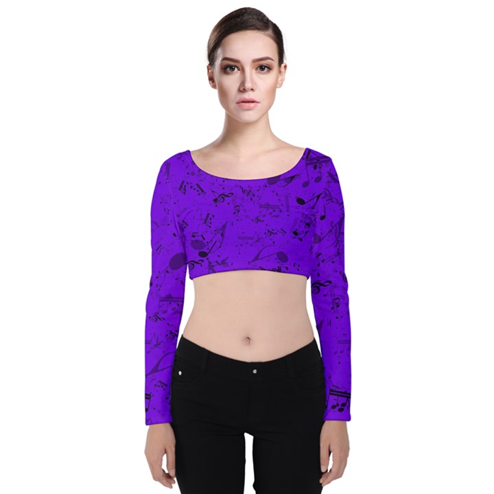 Electric Indigo Music Notes Velvet Long Sleeve Crop Top