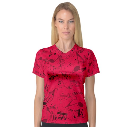 Scarlet Red Music Notes V-neck Sport Mesh Tee by SpinnyChairDesigns