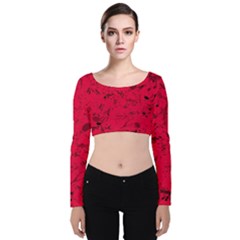 Scarlet Red Music Notes Velvet Long Sleeve Crop Top by SpinnyChairDesigns