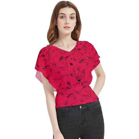 Scarlet Red Music Notes Butterfly Chiffon Blouse by SpinnyChairDesigns