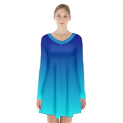 Aqua Blue And Indigo Ombre Long Sleeve Velvet V-neck Dress by SpinnyChairDesigns