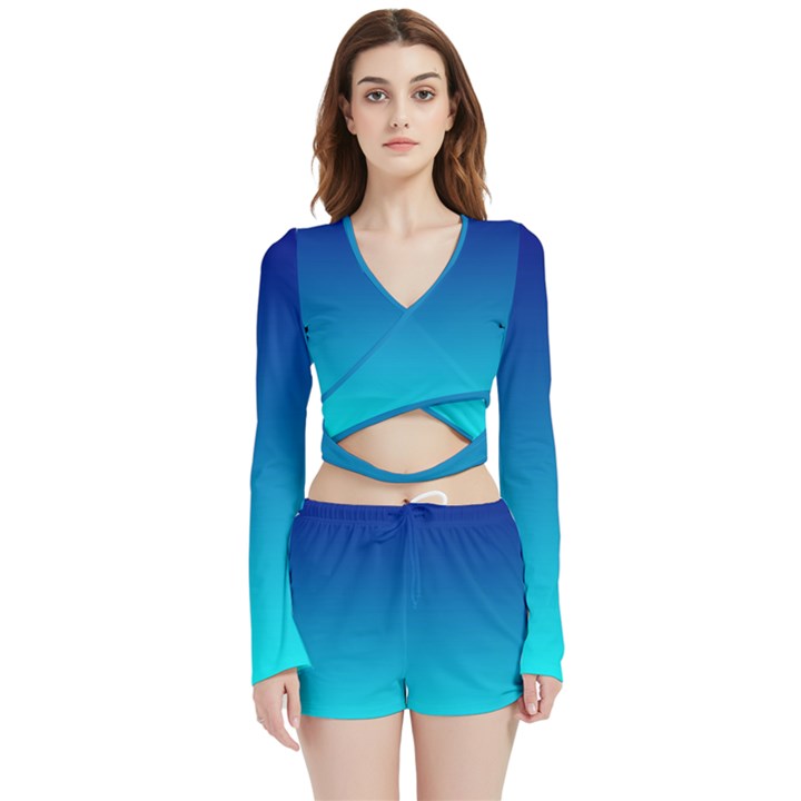 Aqua Blue and Indigo Ombre Velvet Wrap Crop Top