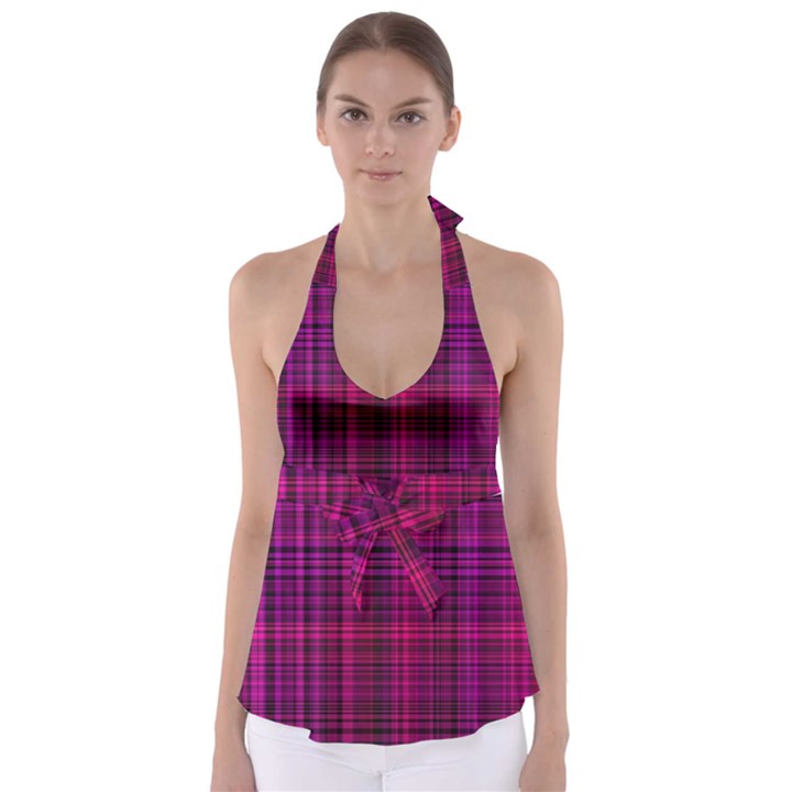 Fuchsia Madras Plaid Babydoll Tankini Top