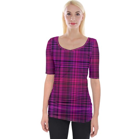 Fuchsia Madras Plaid Wide Neckline Tee by SpinnyChairDesigns