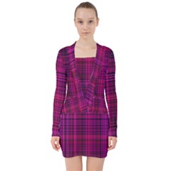 Fuchsia Madras Plaid V-neck Bodycon Long Sleeve Dress by SpinnyChairDesigns