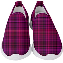 Fuchsia Madras Plaid Kids  Slip On Sneakers by SpinnyChairDesigns