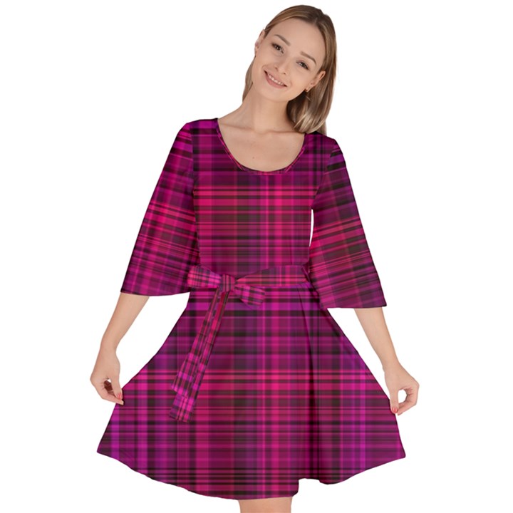 Fuchsia Madras Plaid Velour Kimono Dress