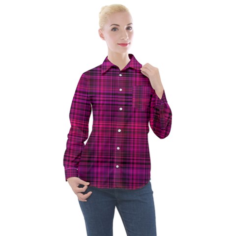 Fuchsia Madras Plaid Women s Long Sleeve Pocket Shirt by SpinnyChairDesigns