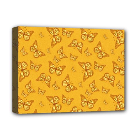 Mustard Yellow Monarch Butterflies Deluxe Canvas 16  X 12  (stretched)  by SpinnyChairDesigns