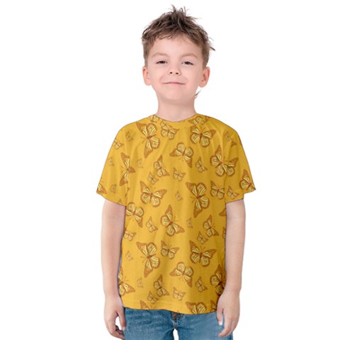 Mustard Yellow Monarch Butterflies Kids  Cotton Tee by SpinnyChairDesigns