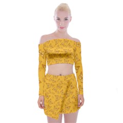 Mustard Yellow Monarch Butterflies Off Shoulder Top With Mini Skirt Set by SpinnyChairDesigns