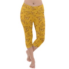 Mustard Yellow Monarch Butterflies Lightweight Velour Capri Yoga Leggings by SpinnyChairDesigns