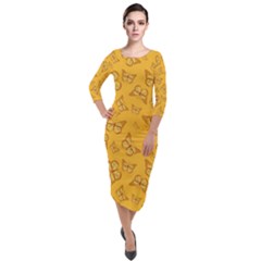 Mustard Yellow Monarch Butterflies Quarter Sleeve Midi Velour Bodycon Dress by SpinnyChairDesigns