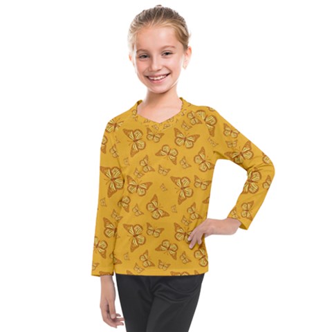 Mustard Yellow Monarch Butterflies Kids  Long Mesh Tee by SpinnyChairDesigns