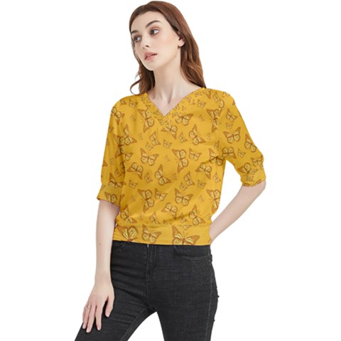 Mustard Yellow Monarch Butterflies Quarter Sleeve Blouse by SpinnyChairDesigns