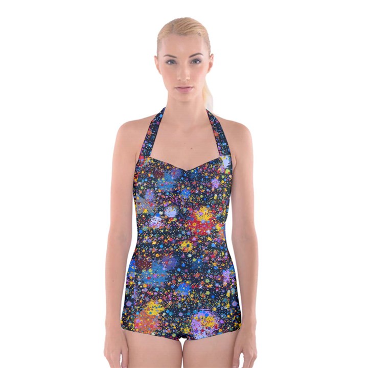 Abstract Paint Splatters Boyleg Halter Swimsuit 