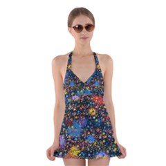 Abstract Paint Splatters Halter Dress Swimsuit  by SpinnyChairDesigns