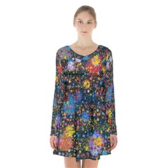 Abstract Paint Splatters Long Sleeve Velvet V-neck Dress by SpinnyChairDesigns