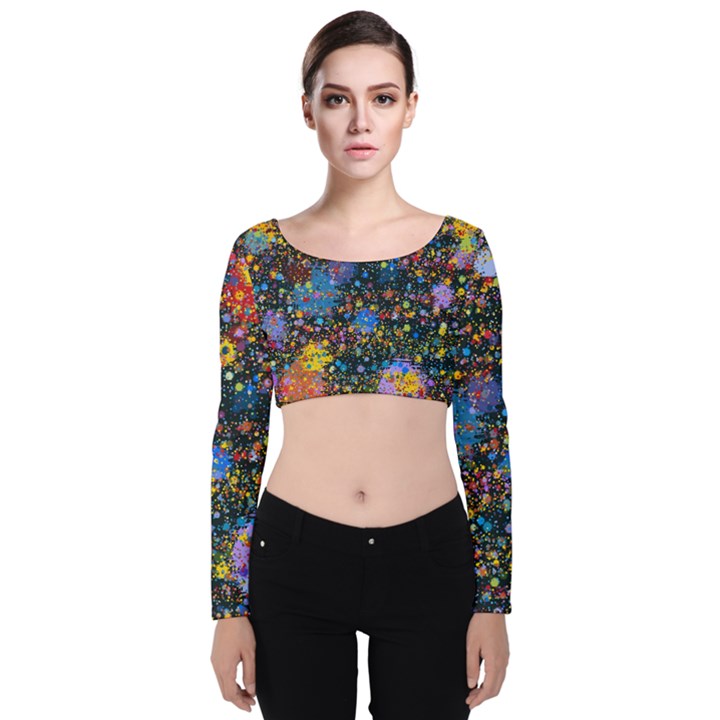 Abstract Paint Splatters Velvet Long Sleeve Crop Top