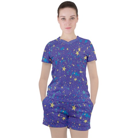 Starry Night Purple Women s Tee And Shorts Set by SpinnyChairDesigns