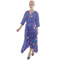 Starry Night Purple Quarter Sleeve Wrap Front Maxi Dress by SpinnyChairDesigns