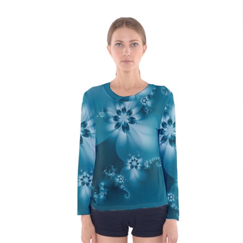 Teal Floral Print Women s Long Sleeve Tee by SpinnyChairDesigns