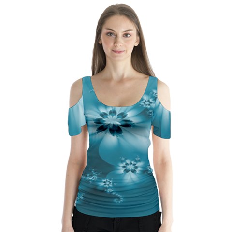 Teal Floral Print Butterfly Sleeve Cutout Tee  by SpinnyChairDesigns