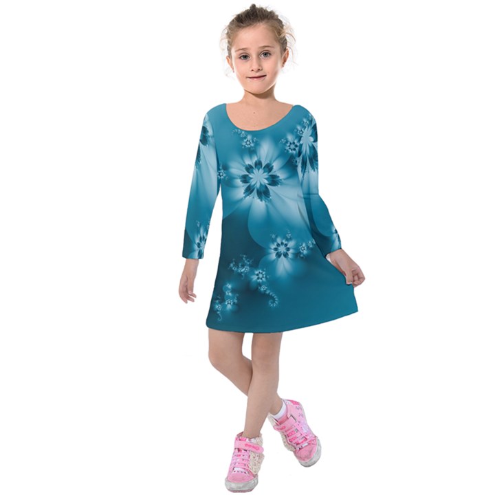 Teal Floral Print Kids  Long Sleeve Velvet Dress