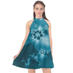 Teal Floral Print Halter Neckline Chiffon Dress  by SpinnyChairDesigns