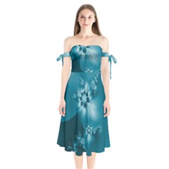 Teal Floral Print Shoulder Tie Bardot Midi Dress by SpinnyChairDesigns