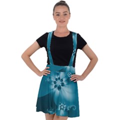 Teal Floral Print Velvet Suspender Skater Skirt by SpinnyChairDesigns