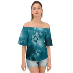 Teal Floral Print Off Shoulder Short Sleeve Top by SpinnyChairDesigns