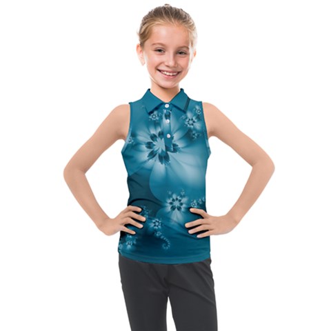 Teal Floral Print Kids  Sleeveless Polo Tee by SpinnyChairDesigns