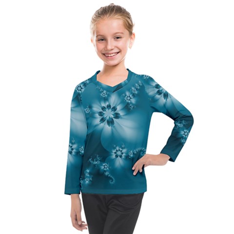 Teal Floral Print Kids  Long Mesh Tee by SpinnyChairDesigns