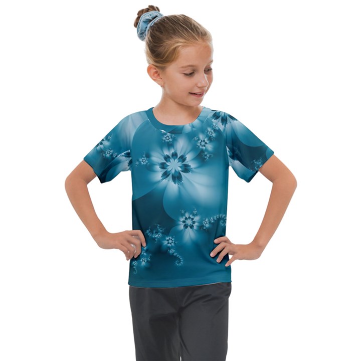 Teal Floral Print Kids  Mesh Piece Tee