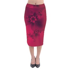 Scarlet Red Floral Print Velvet Midi Pencil Skirt by SpinnyChairDesigns