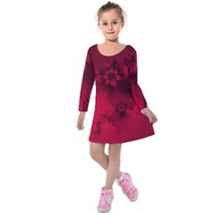 Scarlet Red Floral Print Kids  Long Sleeve Velvet Dress by SpinnyChairDesigns