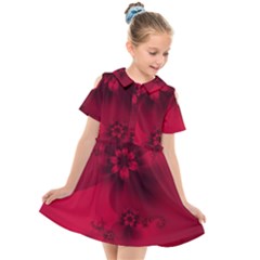 Scarlet Red Floral Print Kids  Short Sleeve Shirt Dress by SpinnyChairDesigns