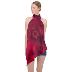 Scarlet Red Floral Print Halter Asymmetric Satin Top by SpinnyChairDesigns