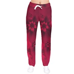 Scarlet Red Floral Print Women Velvet Drawstring Pants by SpinnyChairDesigns