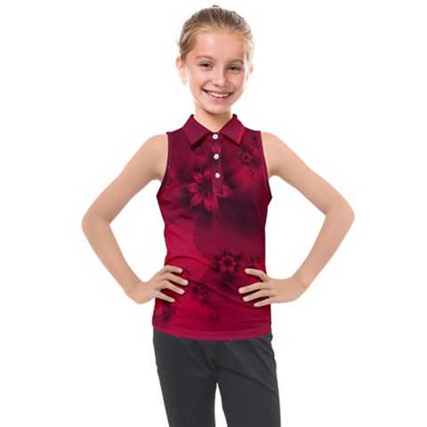 Scarlet Red Floral Print Kids  Sleeveless Polo Tee by SpinnyChairDesigns