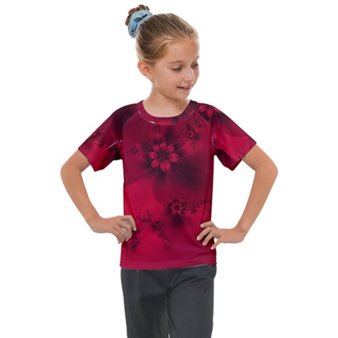 Scarlet Red Floral Print Kids  Mesh Piece Tee by SpinnyChairDesigns