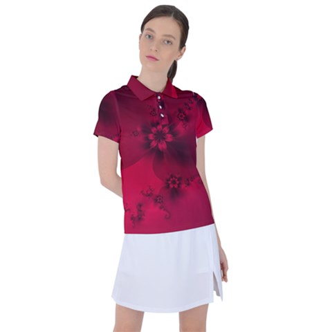 Scarlet Red Floral Print Women s Polo Tee by SpinnyChairDesigns