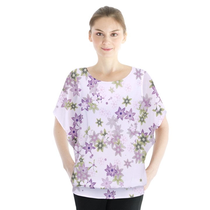 Purple Wildflower Print Batwing Chiffon Blouse